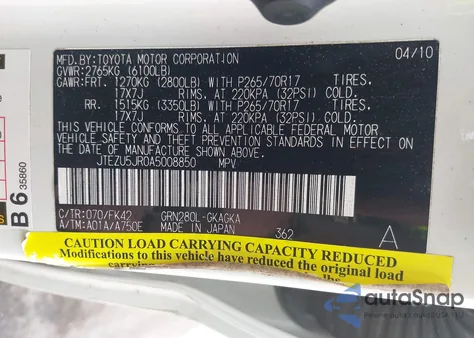 2010 Toyota 4Runner Sr5/Sport from USA, damaged, VIN JTEZU5JR0A5008850